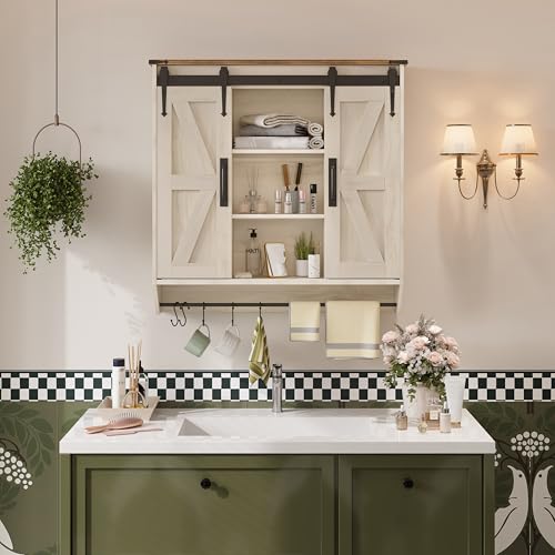Trironsun Farmhouse Medicine Cabinet 2 Sliding Barn Doors 3 Tier Rustic Wood Wall Storage Cabinet Adjustable Shelf Towel Bar Wall Mounted Bathroom Wall Cabinet (Antique White, 30.71 Inch) - color: Antique White