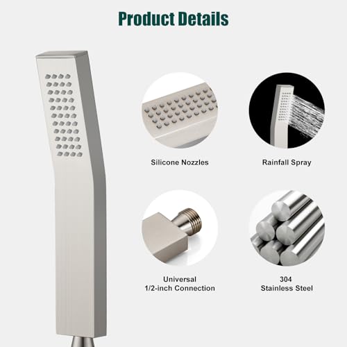 Heyalan Hand-held Shower Head Set-SUS304 Handheld Shower, Brushed Nickel | SUS304 stainless steel wand, curved-style design, single rain spray, 59-inch long hose and standard 1/2-inch connection - color: Brushed Nickel, style: Curved Style