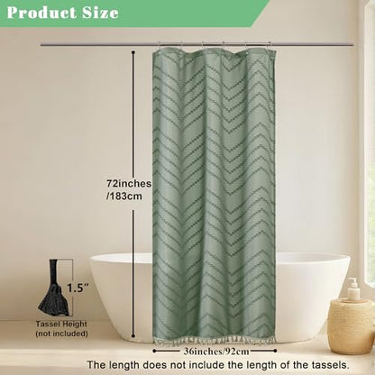 Small Boho Stall Shower Curtain, Sage Green Fabric Cloth Stall Shower Curtain 36 x 72 Half Size with Tassel Tufted Chevron Striped Textured Modern Farmhouse for Bathroom, Machine Washable - color: Sage Green, size: 36"W x 72"L (Pack of 1)
