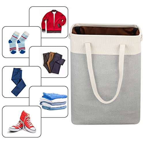 Laundry Basket with Handles Beige&Silver Slim Laundry Bin Collapsible Dirty Clothes Basket Narrow Laundry Bag Foldable Dirty Hamper for Camping, Dorms, Apartments - color: Beige&Silver