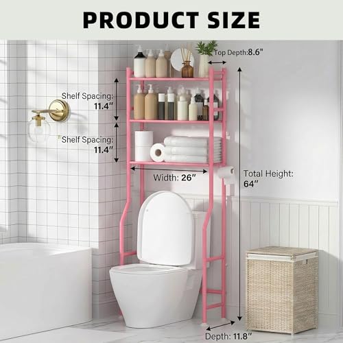 GloTika 3-Tier Over Toilet Storage, Anti-Tilt, 64" H, Pink | Anti-Tilt Safety System, 150lb Capacity, Carbon Steel, Freestanding, No Drilling, Anti-Rust Coating, Paper Holder & 4 Hooks - color: Pink, size: 3-Tier