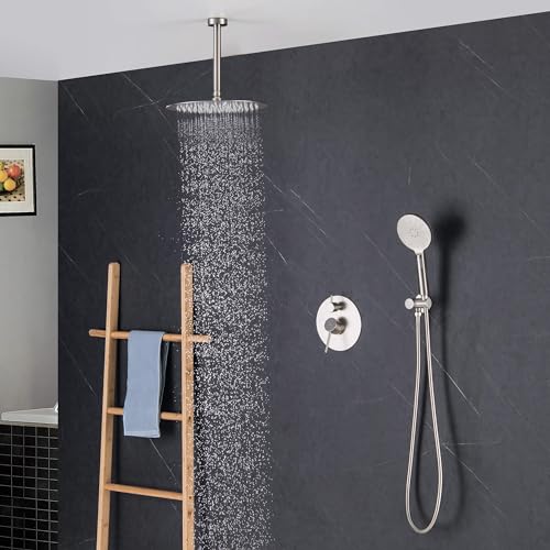 Circular Ceiling Mounted Shower System with 2-Function Faucet Set | Solid Brass Pressure Balanced Valve | Anti-Scald Design for Reliable Water Temperature Control (Brushed Nickel Finish, KSF408) - color: Brushed Nickel
