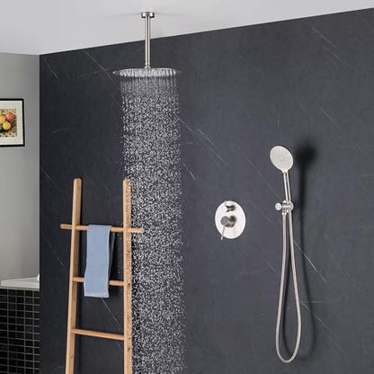 Circular Ceiling Mounted Shower System with 2-Function Faucet Set | Solid Brass Pressure Balanced Valve | Anti-Scald Design for Reliable Water Temperature Control (Brushed Nickel Finish, KSF408) - color: Brushed Nickel