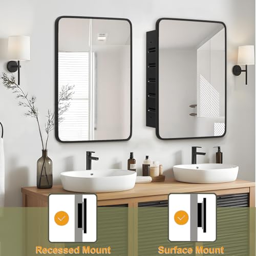 Black Medicine Cabinet 22x28 inch, Bathroom Mirror with Storage, Recessed or Wall Mounted Farmhouse Cabinets, Metal Framed Adjustable Shelves, One Door Open Left or Right - size: 22x28