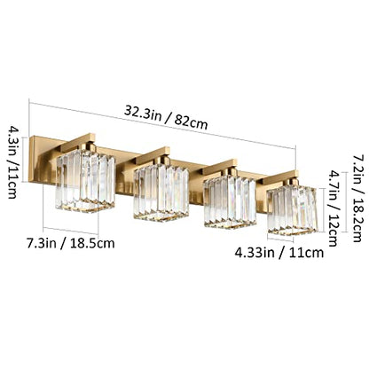 Aipsun Bathroom Lighting Fixtures Modern Crystal Vanity Light Brass 4 Light Bathroom Vanity Light (Exclude Bulb) - color: Gold, size: 32 inch