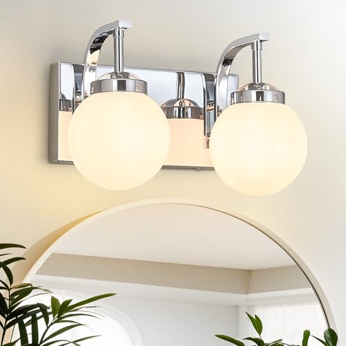 Modern 2 Lights Vanity Light Over Mirror Bathroom Vanity Light Fixtures Chrome Wall Sconce with Milk Glass Vanity Light for Bathroom Lighting - color: Chrome, size: M Size Shade-2 Lights