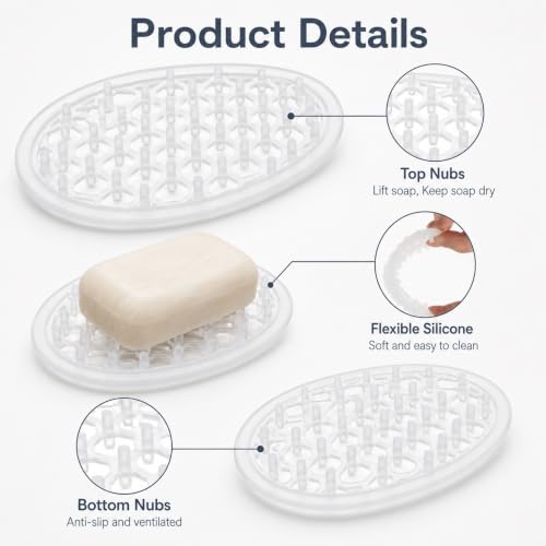2Pcs Silicone Soap Dish, Self Draining Soap Holder, Non-Slip Soaps Saver | Silicone Soap Holder for Kitchen Bathroom Shower Counter, Keep Soaps Bars Dry Clean