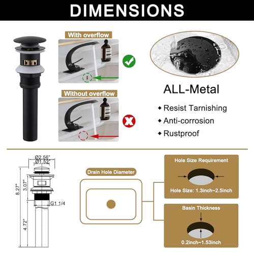 Matte Black Bathroom Faucet,Modern Single Hole High Arc Brass Bathroom Sink Faucet with 1 Hole or 3 Hole Mount 6-Inch 10-Inch Deckplate,Pop Up Overflow Drain Assembly Included - color: Matte Black, style: With Drain