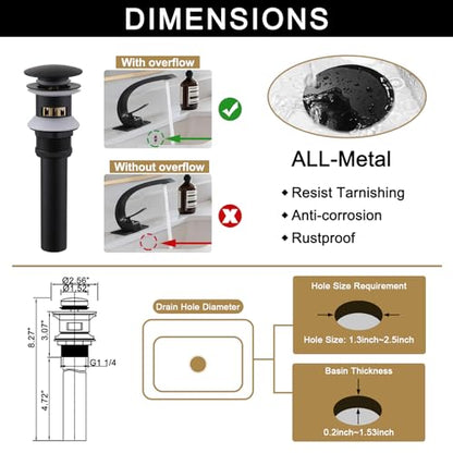 Matte Black Bathroom Faucet,Modern Single Hole High Arc Brass Bathroom Sink Faucet with 1 Hole or 3 Hole Mount 6-Inch 10-Inch Deckplate,Pop Up Overflow Drain Assembly Included - color: Matte Black, style: With Drain