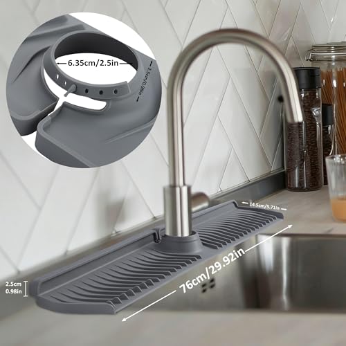 Extra Long Silicone Faucet Mat, 76cm Double-Sided Drain Pad for Kitchen Sink & Bathroom, Flexible Splash Guard with Center Hole, Non-Slip, Easy to Clean, Fits Most Faucets (Grey) - color: Gray