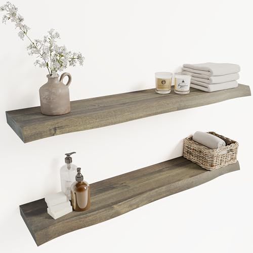 Howizz 36'' Live Edge Floating Shelves for Wall, Acacia Wood Wall Mounted Shelves with Invisible Brackets, Rustic Wooden Shelf Set of 2 for Living Room, Bedroom, Bathroom, Kitchen Decor, Mocha Finish - color: 6. Live Edge - Mocha, size: 36"