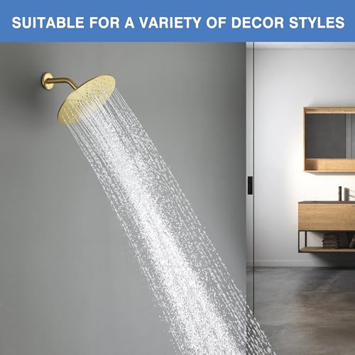 Solid Metal Rain Shower Head, Round High Flow Rainfall Shower Head with Shower Arm and Flange, Reinforced Explosion-Proof Stainless Steel Construction (10-Inch, Brushed Gold) - color: Brushed Gold, size: 10 Inch