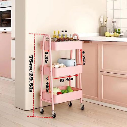 Utility Cart, 3-Tier Rolling Slim Storage Cart with Wheels, Metal, Pink - color: Pink