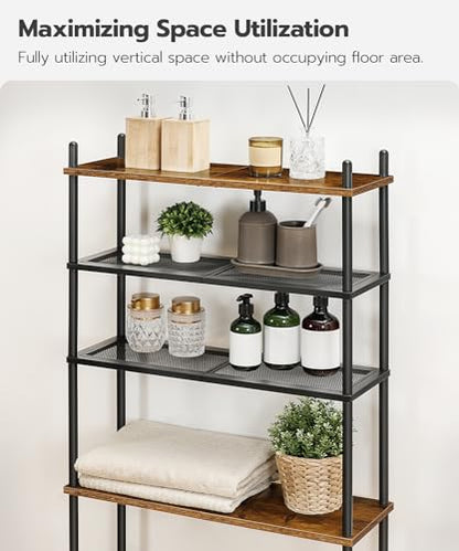 HOOBRO Over the Toilet Storage, 4-Tier Over Toilet Bathroom Organizer, Freestanding Above Toilet Shelf with Adjustable Feet, Space Saving, Easy to Assemble, Rustic Brown and Black BF64TS01