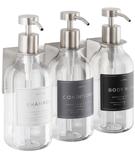 Shower Shampoo Dispenser Wall Mounted – 3 Refillable 16.9 oz Clear Bottles with Stainless Steel Pumps & No-Drill Adhesive Holders – Soap Dispenser Set for Bathroom (3 X Clear/Silver) - color: 3 X Clear/Silver