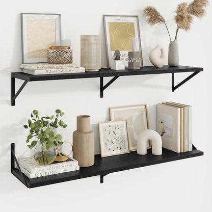 Deep Floating Shelves, 40'' x 10'' Black Wall Shelves Set of 2 | 10 Inch Deep Shelves with Heavy Duty Brackets, Rustic Wood Shelves for Bathroom Living Room, Engineered Wood, 40LBS - color: Black, size: 40W x 10D