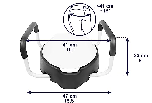 KMINA 4 Inch Soft Raised Toilet Seat with Handles and Lid, 220 lb Capacity, Fits Round & Compact Elongated Bowls up to 15" Wide, Tool-Free Clamp-On Riser, Black | Toilet Booster for Elderly, Seat Adapter with Armrests, Soft Foam, Adjustable Anchors, Easy