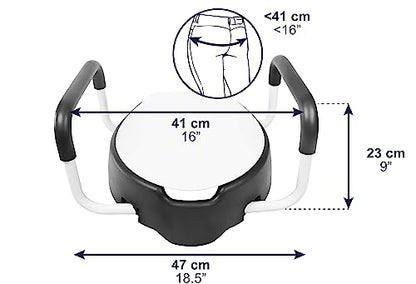 KMINA 4 Inch Soft Raised Toilet Seat with Handles and Lid, 220 lb Capacity, Fits Round & Compact Elongated Bowls up to 15" Wide, Tool-Free Clamp-On Riser, Black | Toilet Booster for Elderly, Seat Adapter with Armrests, Soft Foam, Adjustable Anchors, Easy