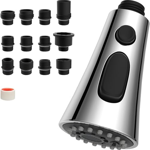 Hibbent 3-Function Pull Down Kitchen Faucet Head Replacement with 12 Adapters, NSF/ANSI/CAN 61 & CUPC Certified Sink Spray Nozzle, Compatible with Moen, Delta, Kohler Faucets, Chrome - color: Chrome
