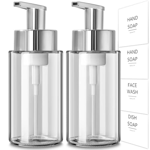 RYTOXILO Glass Soap Dispenser, 10 oz/300ml Foaming Soap Dispenser, 2 Pack Foaming Hand Dispenser for Bathroom & Kitchen, Clear Refillable Foam Soap Bottle with Silver Pump - color: Clear Bottle, size: 10 Fl oz with Silver Pump