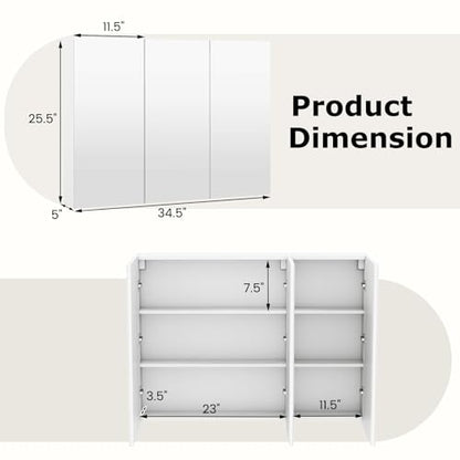Tangkula Mirrored Medicine Cabinet, Large Wide Wall Mounted Storage Cabinet with 3 Mirror Doors, Hanging Bathroom Organizer, White, 34.5 x 5 x 25.5 Inches - size: 34.5 x 25.5 Inch