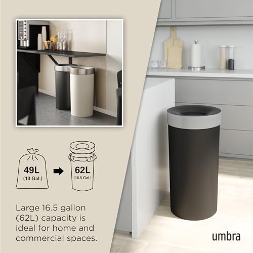 Umbra Vento Kitchen Trash Can, Open Top Bin, 16.5 Gallon, Black/Nickel | Brushed metal accents, bag concealing design, easy wipe clean, fits home and office, durable plastic - color: Black/Nickel
