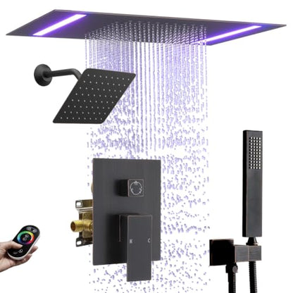 Rain Shower Head System with 14x20 Inch Ceiling Mount LED Head & 6 Inch Wall Head and Handheld Shower 3 Way Pressure Balance Valve Kit, Oil Rubbed Bronz - color: Oil Rubbed Bronz, style: 14x20 inch+6inch