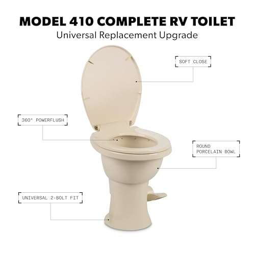 Dometic Model 410 Complete RV Toilet – Round Porcelain Bowl, Universal Fit & 2-Bolt Mount, 18" Chair Height Residential-Style, Gravity Flush Toilet with Soft-Close Seat, Bone (9610008260) | Universal Fit & 2-Bolt Mount, 18" Chair Height Residential-Style,