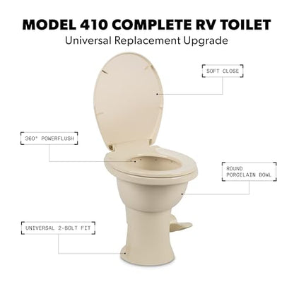 Dometic Model 410 Complete RV Toilet – Round Porcelain Bowl, Universal Fit & 2-Bolt Mount, 18" Chair Height Residential-Style, Gravity Flush Toilet with Soft-Close Seat, Bone (9610008260) | Universal Fit & 2-Bolt Mount, 18" Chair Height Residential-Style,