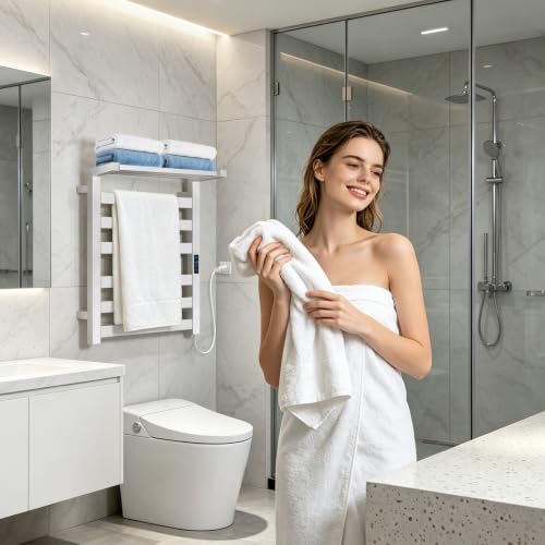 WiFi Heated Towel Rack Wall Mounted, Electric Towel Warmer, Brushed Nickel | WiFi App Remote, Foldable Space-Saving Bracket, Child Lock, 5 Temp Levels, 1–24H Timer, LED Display, Stainless Steel, Plug-in - color: Brushed Nickel