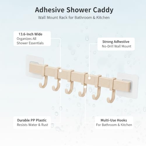Adhesive Shower Caddy, 13.6-Inch Wide No-Drill Wall Mount Rack for Bathroom & Kitchen, PP Plastic Storage Organizer (1 PC) - color: Tan