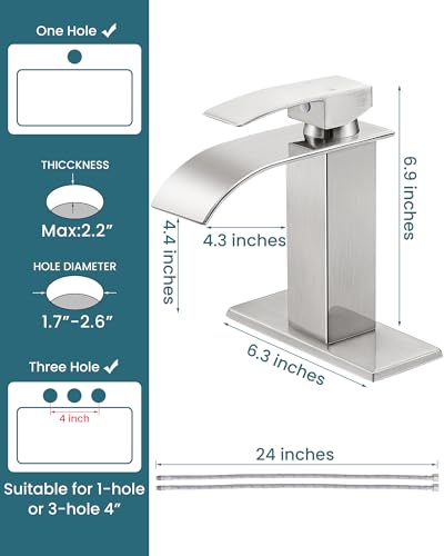 Bathroom Faucet Brushed Nickel Waterfall Single Handle Vanity Faucet | with Pop-up Drain & Deck,Supply Hoses,Stainless Steel Bathroom Sink Faucet 1 or 3 Hole,RV,Farmhouse Bathrooms - color: A-Brushed Nickel, style: Short