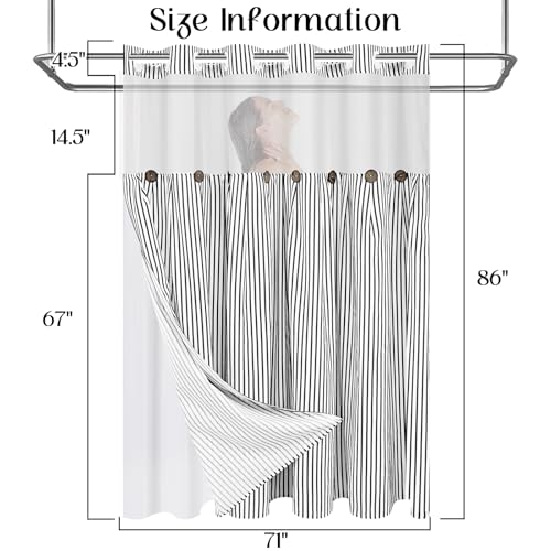 ASPMIZ Farmhouse Striped Shower Curtain and Liner Set No Hook, Black 71x86 | No Hook Shower Curtain with Snap in Liner Fabric, Rustic Washable Waterproof Bathroom Curtains with Button, Mesh Top Window - color: Black Striped, size: 71"W x 86"L (Pack of 1),