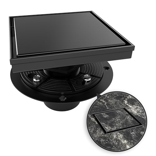 6 Inch Square Shower Drain Black Floor Drain with Flange Reversible 2-in-1 Cover Tile Insert Grate Removable SUS304 Stainless Steel CUPC Certified Matte Black - color: Matte Black, size: 6 Inch