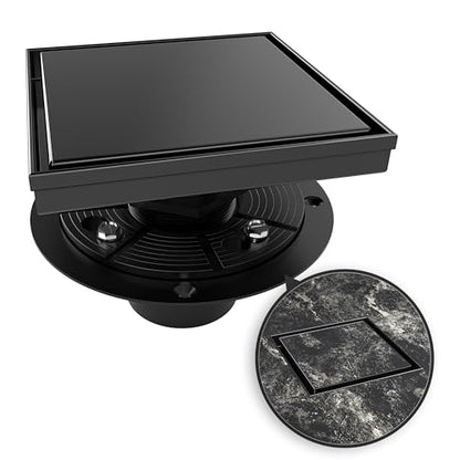 6 Inch Square Shower Drain Black Floor Drain with Flange Reversible 2-in-1 Cover Tile Insert Grate Removable SUS304 Stainless Steel CUPC Certified Matte Black - color: Matte Black, size: 6 Inch