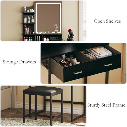 ALEXNUTRE Makeup Vanity Desk with Mirror and Lights, Small Vanity with Fabric Storage Drawer & Chair & Shelves, Vanity with Fold-up Panel and Power Outlet for Bedroom - style: Black