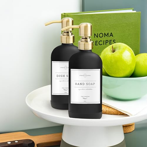 Vine Creations Black Glass Soap Dispenser, 2 Pack Kitchen Soap Dispenser Set with Stainless Steel Pump, 16 oz Dish Soap and Hand Soap Dispensers for Bathroom with Waterproof Labels - color: Matte Black Bottle / Brushed Brass Pump