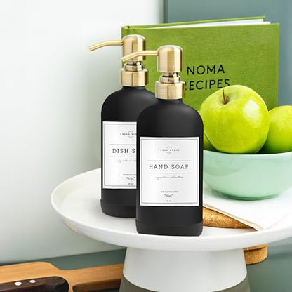 Vine Creations Black Glass Soap Dispenser, 2 Pack Kitchen Soap Dispenser Set with Stainless Steel Pump, 16 oz Dish Soap and Hand Soap Dispensers for Bathroom with Waterproof Labels - color: Matte Black Bottle / Brushed Brass Pump