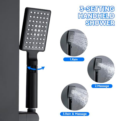 5-in-1 LED Shower Panel Tower System Matte Black Stainless Steel | Rainfall + waterfall | 4 body jets | Handheld shower | LED lights | Wall mount - color: Matte Black