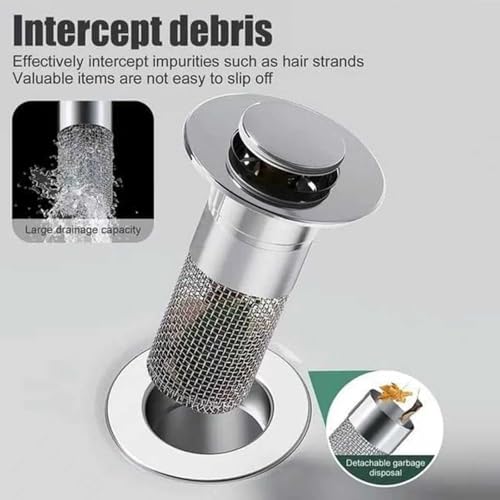 2-Piece Stainless Steel Bathroom Sink Plugs, Bathtub Drain Stoppers, Pop-Up Sink Drain Strainer Features Removable Stainless Steel Strainer with Hair Catcher Compatible with American Sink strainers