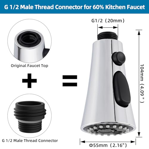 Universal Kitchen Faucet Head Replacement, 3 Modes, 15 Adapter Kit, Chrome | NSF/ANSI/CAN 372 Certified, Compatible with Kohler/Moen/Delta Faucet, 3 Function Pull Down Sink Faucet Spray Head G1/2 - color: Chrome