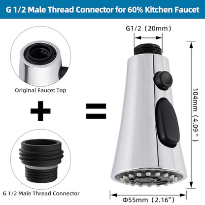 Universal Kitchen Faucet Head Replacement, 3 Modes, 15 Adapter Kit, Chrome | NSF/ANSI/CAN 372 Certified, Compatible with Kohler/Moen/Delta Faucet, 3 Function Pull Down Sink Faucet Spray Head G1/2 - color: Chrome