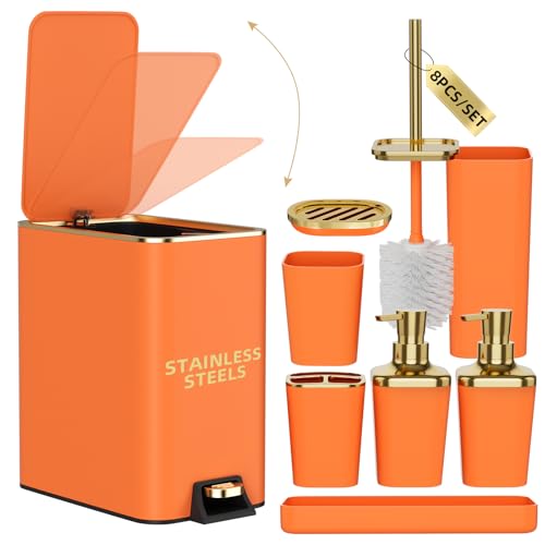 XLHOMO Bathroom Accessories 8 Piece Orange and Gold Bathroom Set, Bath Accessories with Stainless Steel Trash Can,Toilet Brush,Toothbrush Set,Soap Dispenser - size: Orange, style: Bath Set