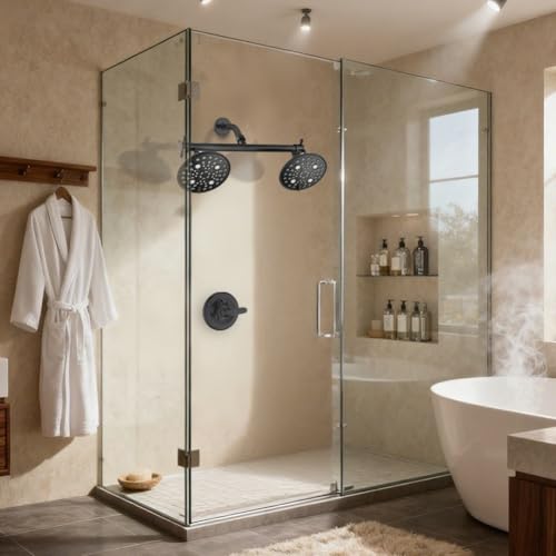 Proox Double Shower Head 6-Setting High Pressure Built-in Valve Matte Black | For Couples' Walk-in or Single Bathtub Use, Dual Head System, Premium Finish, Easy Tool-Free Install - color: Matte Black