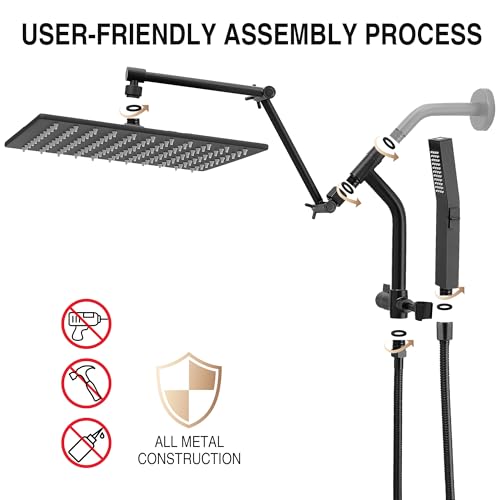 All Metal 12 Inch Rain Shower Head with Handheld Built-in Power Wash Mode, High Pressure Waterfall Rainfall Square Shower Heads with 16" Adjustable Extension Arm, Dual Showerhead, Matte Black - color: Matte Black, size: 12 Inch