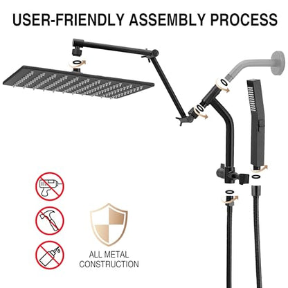 All Metal 12 Inch Rain Shower Head with Handheld Built-in Power Wash Mode, High Pressure Waterfall Rainfall Square Shower Heads with 16" Adjustable Extension Arm, Dual Showerhead, Matte Black - color: Matte Black, size: 12 Inch