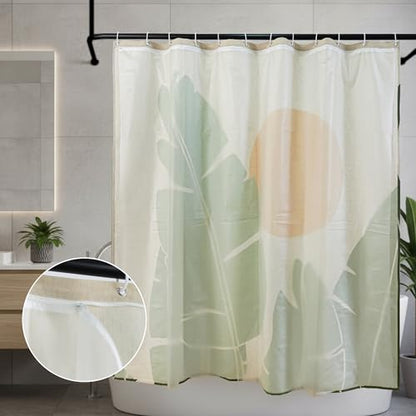 Tropical Leaves Linen Boho Shower Curtain Set with Liner,72" Wx72 L | Double Layer Shower Curtain Waterproof Fabric with Zippered Removable PEVA Liner,Boho Shower Curtain for Bathroom,Free Hooks - color: Banana Leaf