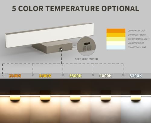 JUSHENG Brushed Nickel Modern LED Vanity Lights for Bathroom Light Fixtures, 16 Inch 16W 5CCT Dimmable Vanity Light Bar Bathroom Lighting, ETL Certificated - color: Brushed Nickel-5CCT, size: 16'' Long-Dimmable