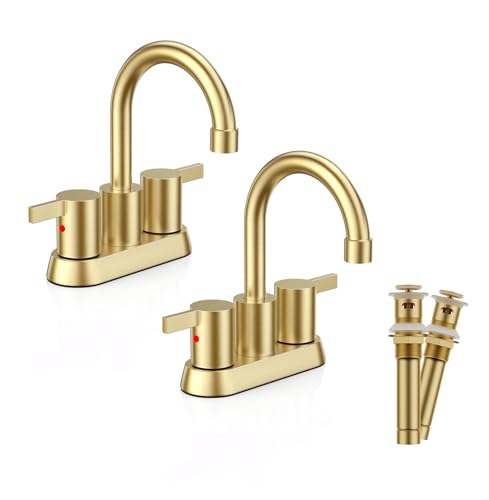 Phiestina Brushed Gold 4 Inch 2 Handle Centerset Lead-Free Bathroom Faucet 2 Pack, Swivel Spout with Copper Pop Up Drain and 2 Water Supply Lines,BF15-1-BG-2PACK - color: Brushed Gold-2pack