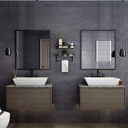 Glass Bathroom Shelf with Towel Bar 15.7in Bathroom Wall Shelves Rustproof Metal Bathroom Wall Organizer 2-Tier (Black) - style: 2 tier with towel bar black